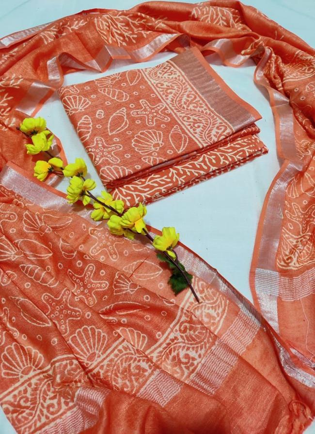 Linen Cotton Orange Casual Wear Bagru Print Dress Material